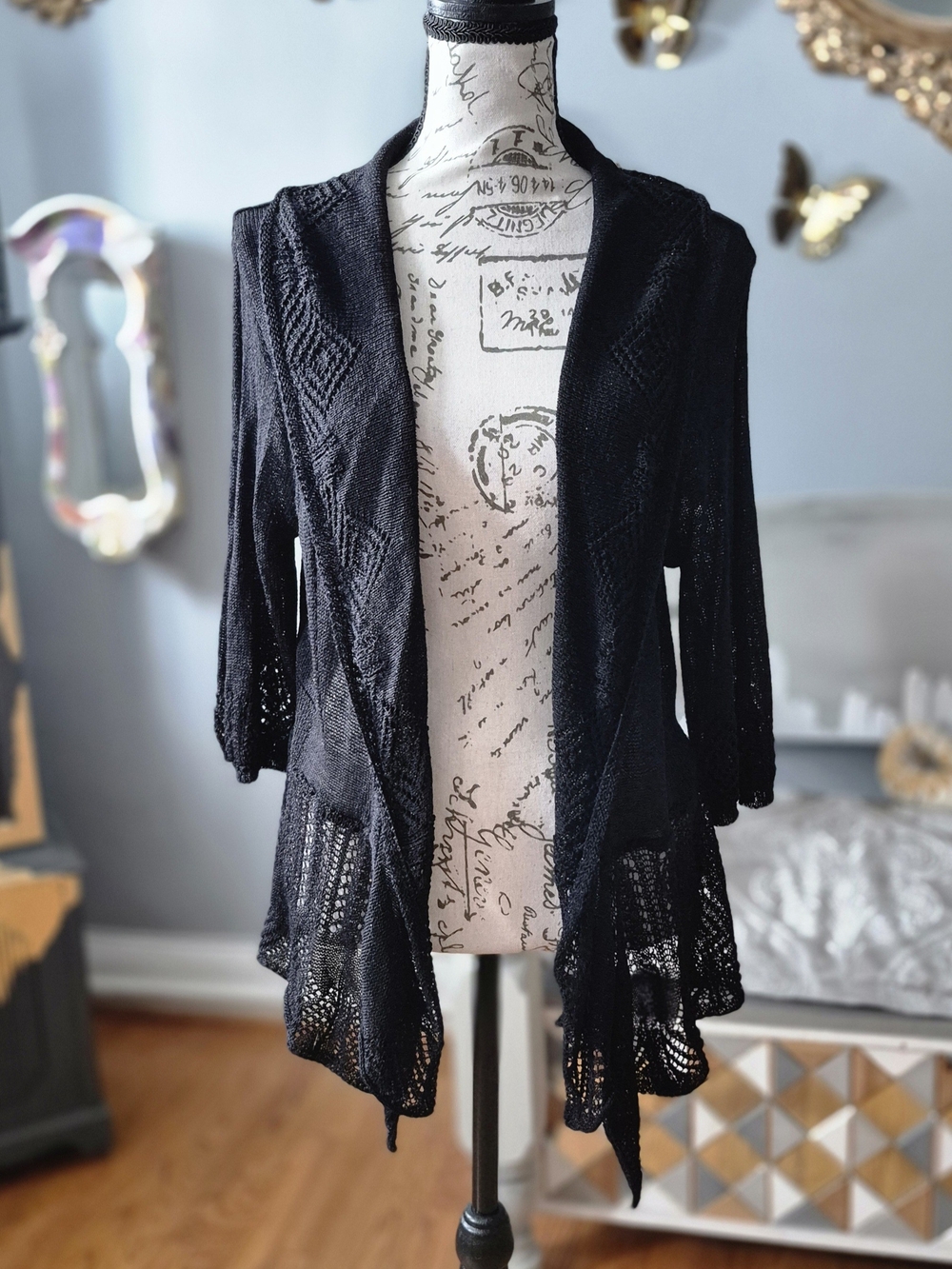 Coastal Grandma Black Open-Front Knit Cardigan Sweater Medium